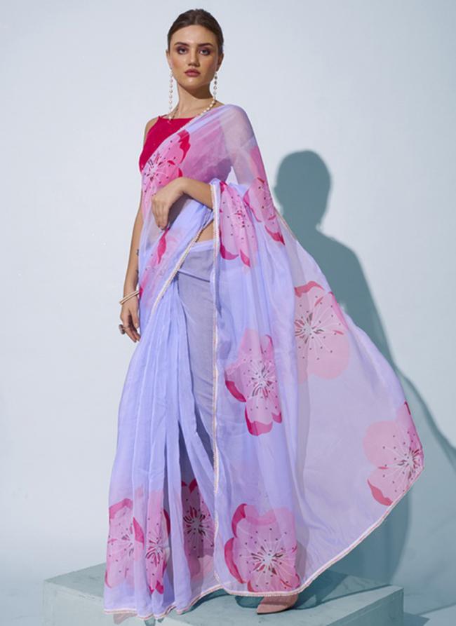 Organza Sky Blue Ceremonial Wear Printed Saree